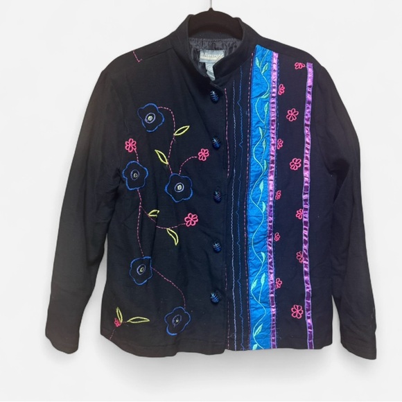 NWT Reversal USA Black Floral Embroidered Jacket with Art Glass Bead Buttons - Picture 1 of 10